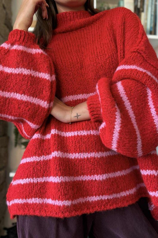 Big Softie Stripe Funnel Grunge Knit Red